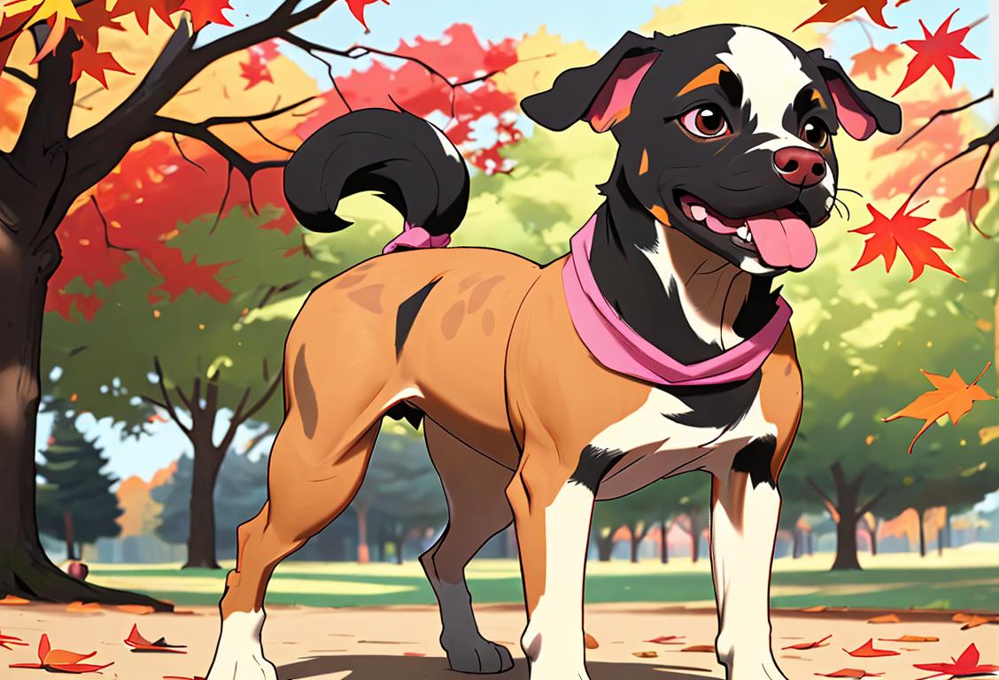 Happy mixed breed dog with unique markings, wearing a colorful bandana, in a park surrounded by autumn leaves..