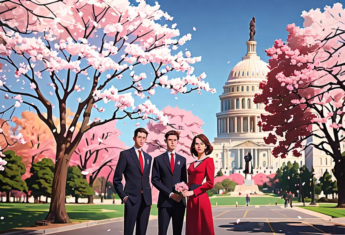 Young men and women wearing suits and dresses, holding American flags, standing near the Capitol building in Washington, D.C., surrounded by cherry blossom trees..