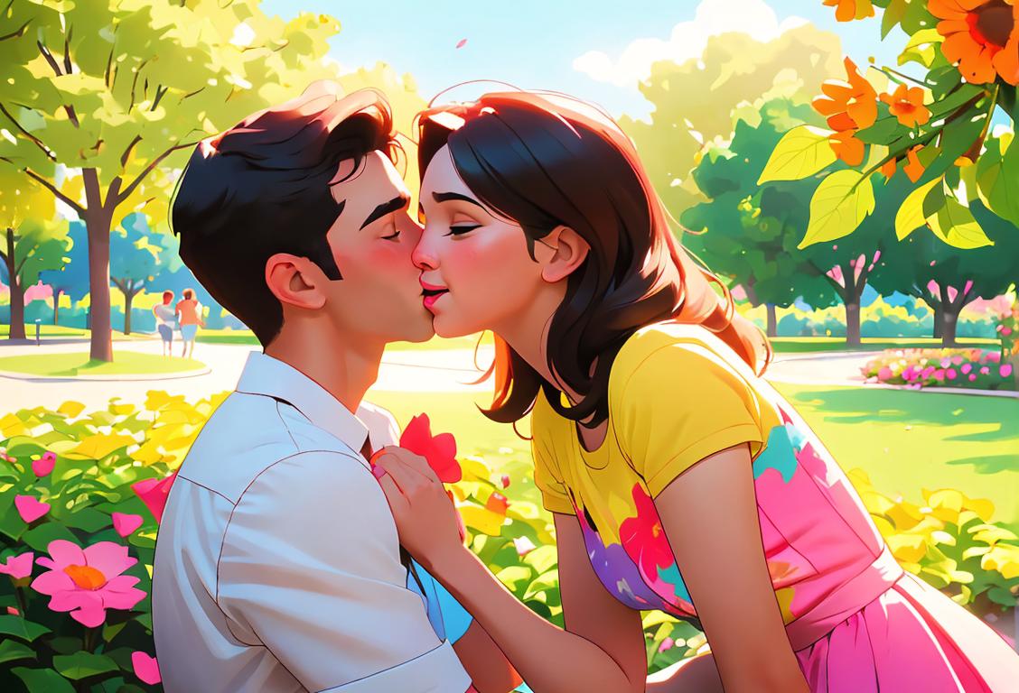 Young couple sharing a sweet, tender kiss in a vibrant park, dressed in colorful summer attire, surrounded by blooming flowers and joyful laughter..