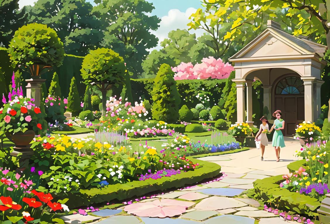 Picture perfect gardens with colorful flowers in bloom and people strolling through green pathways, enjoying the beauty of National Garden Scheme Open Day..