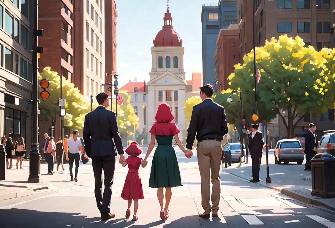 A diverse group of people holding hands in front of a courthouse, wearing casual clothing, urban city setting..