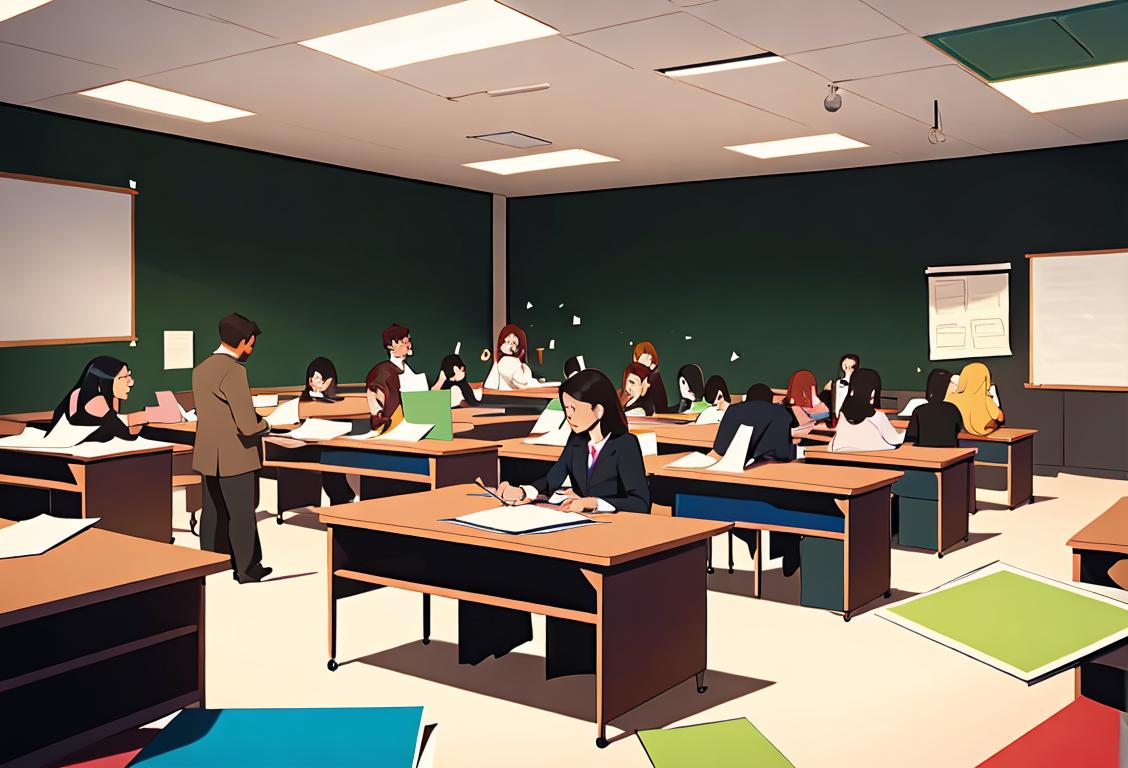 A diverse group of students surrounded by stacks of colorful syllabi, wearing a mix of casual and professional attire, in a vibrant classroom setting..