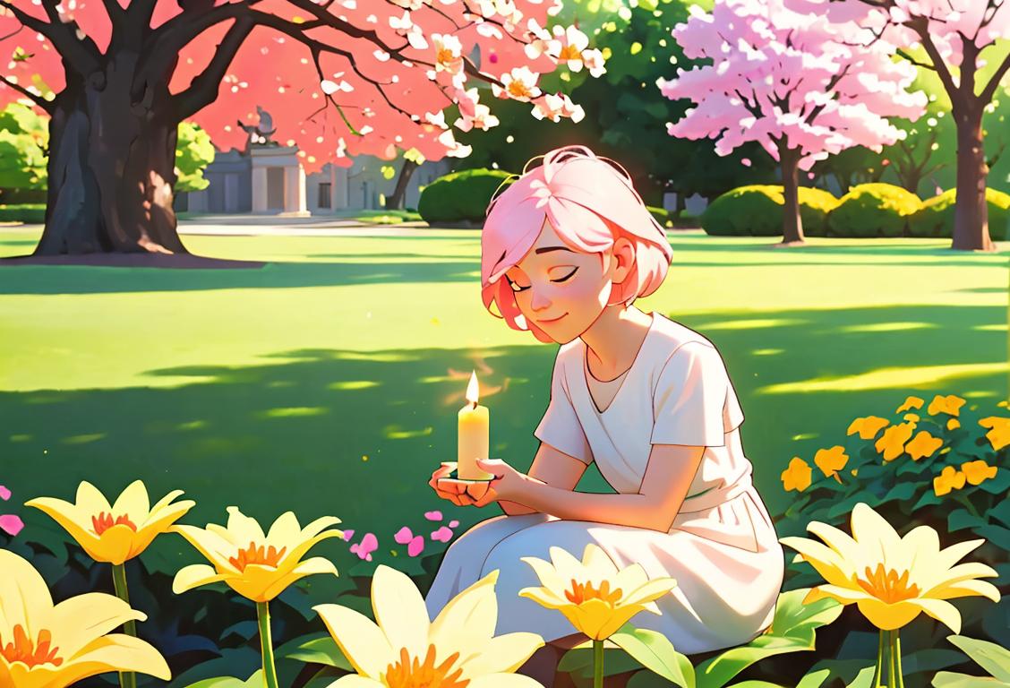Brighten someone's day with a heartwarming image of a person holding a candle, surrounded by blooming flowers, in a peaceful park..