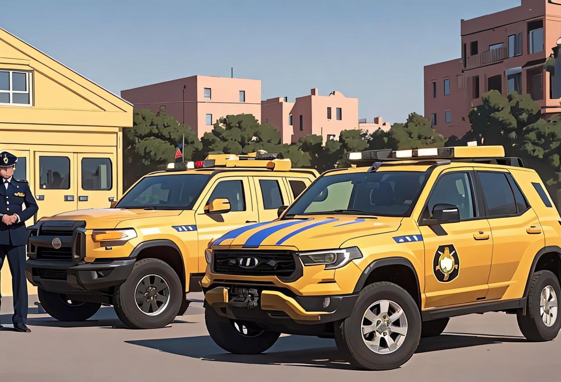 A group of diverse security forces in uniform, standing in front of their respective vehicles, protecting the community with pride..