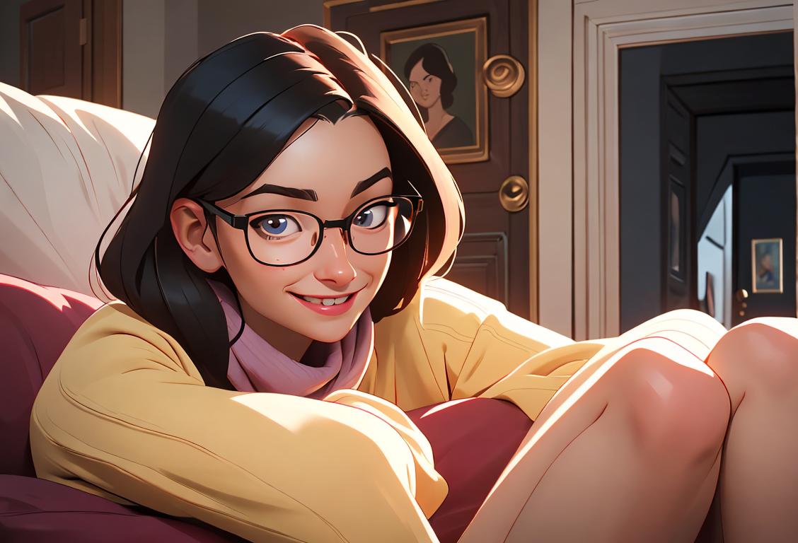 Young woman wearing glasses, peeking through a half-opened door with a playful smile, cozy living room setting, wearing a comfy sweater..