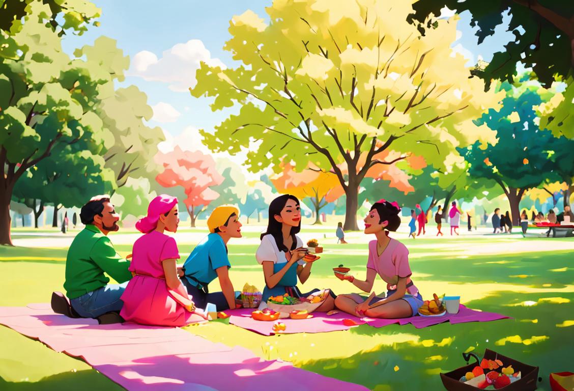 A diverse group of people, wearing colorful clothes, enjoying a picnic in a park surrounded by vibrant nature..