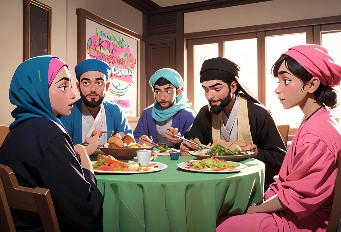 Young people gathered around a table, enjoying a meal together, wearing colorful clothes, and holding signs with positive messages about spreading awareness..