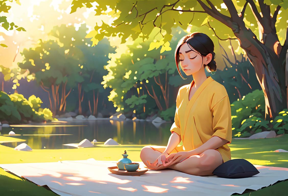 Person peacefully meditating in a serene nature setting, wearing comfortable clothing, surrounded by calming colors and soft sunlight..