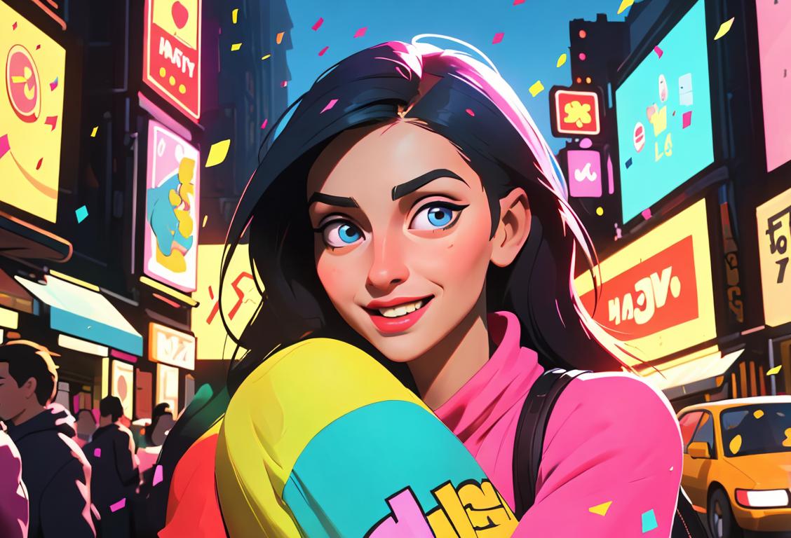 Happy young woman dressed in bold colors, embracing adventure, surrounded by vibrant city lights and confetti..