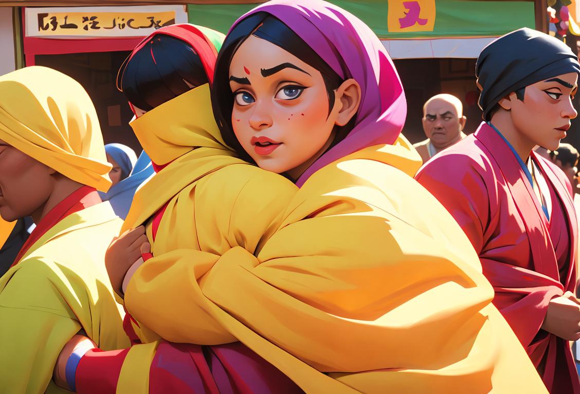 A diverse group of people participating in a vibrant juloos procession, wearing colorful traditional clothing, embracing the culture, and surrounded by a festive atmosphere..