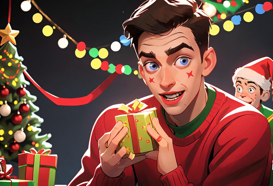 Young man wearing an ugly Christmas jumper with bold, festive colors and patterns, surrounded by twinkling lights and cheerful holiday decorations..