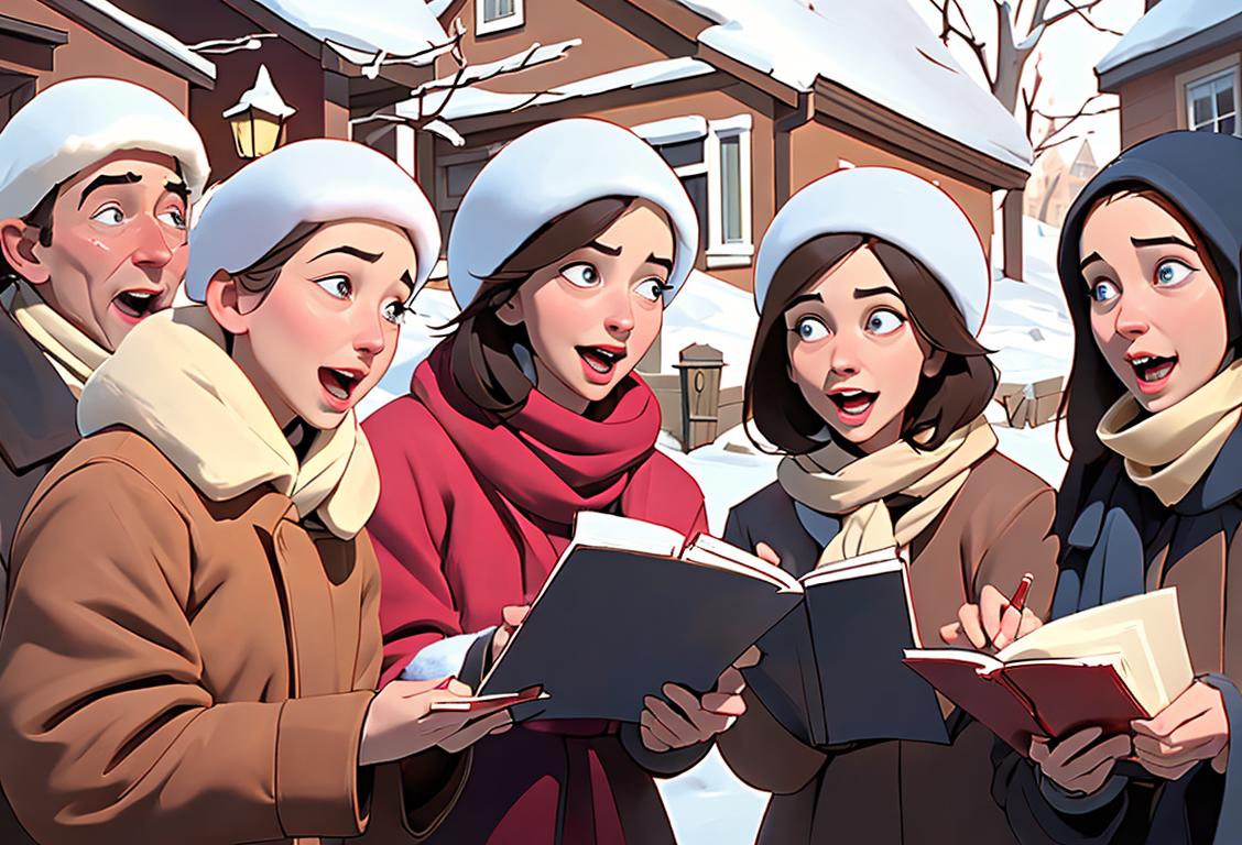 Group of friends dressed in cozy winter attire, holding songbooks, singing joyfully in a snow-covered neighborhood..