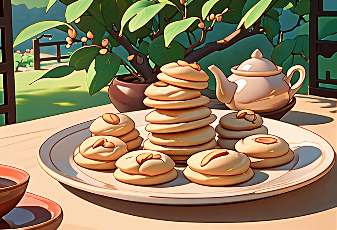 A close-up image of a plate of Chinese almond cookies, beautifully arranged on a traditional Chinese tea set with a serene garden backdrop..