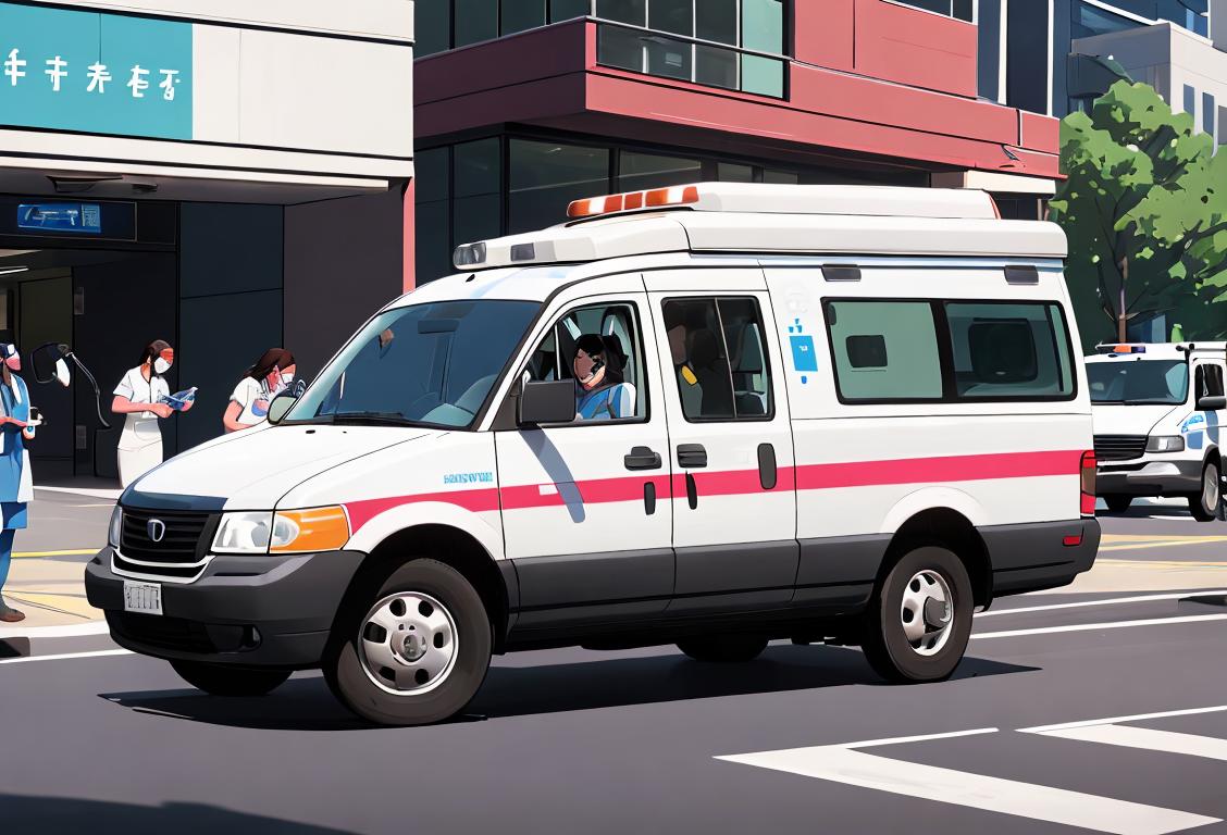 A caring nurse in a critical care transport vehicle, wearing scrubs with stethoscope, ambulance scene in a bustling city..