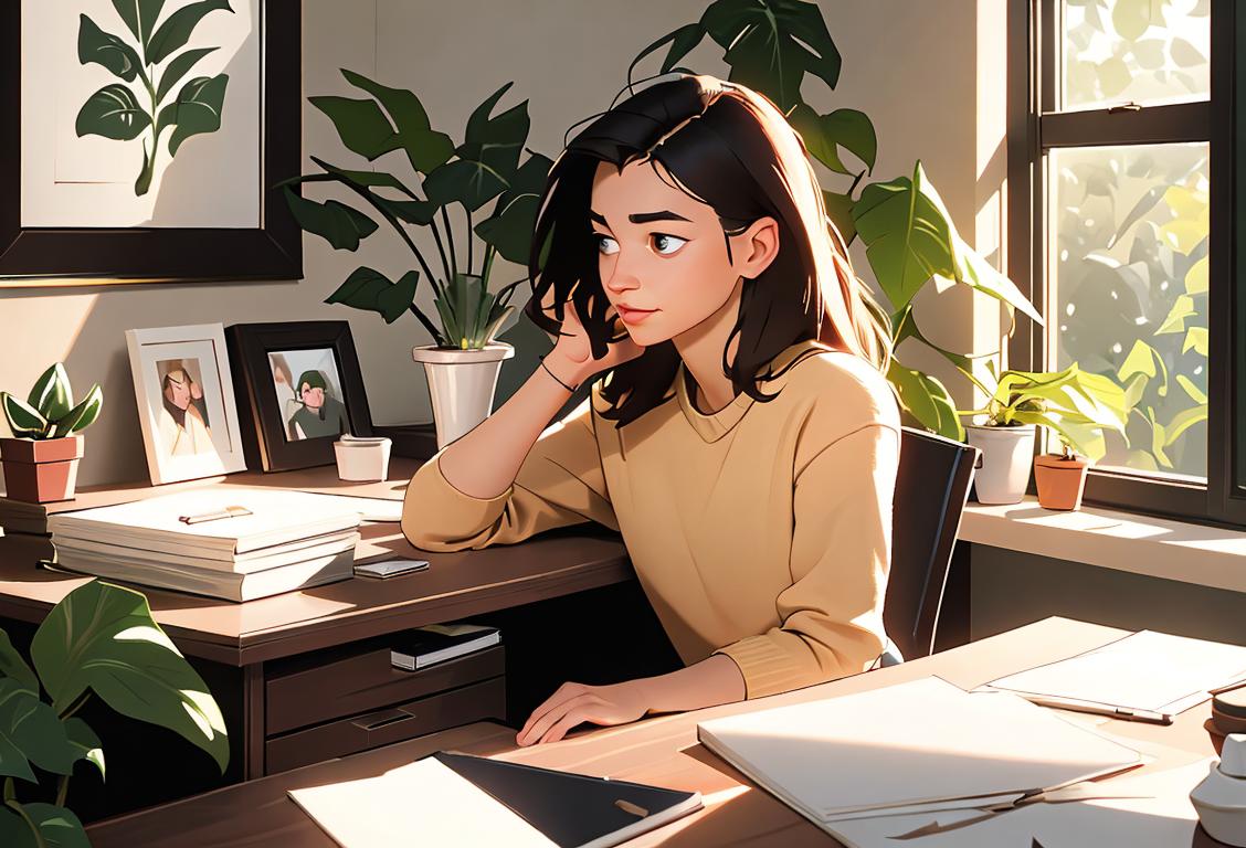 Young professional sitting at a tidy desk in a cozy home office, wearing comfortable clothes, surrounded by plants and natural light..