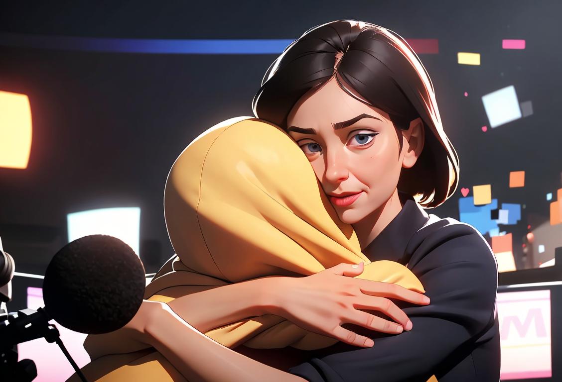 A friendly news person getting a warm hug, surrounded by a backdrop of a bustling newsroom, with cameras, microphones, and news articles filling the scene..