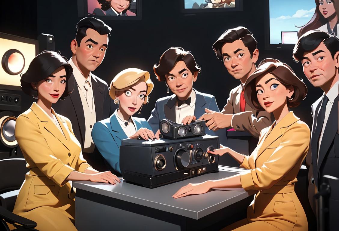 A diverse group of people gathered around a radio, wearing different outfits, representing various broadcasting eras and settings..