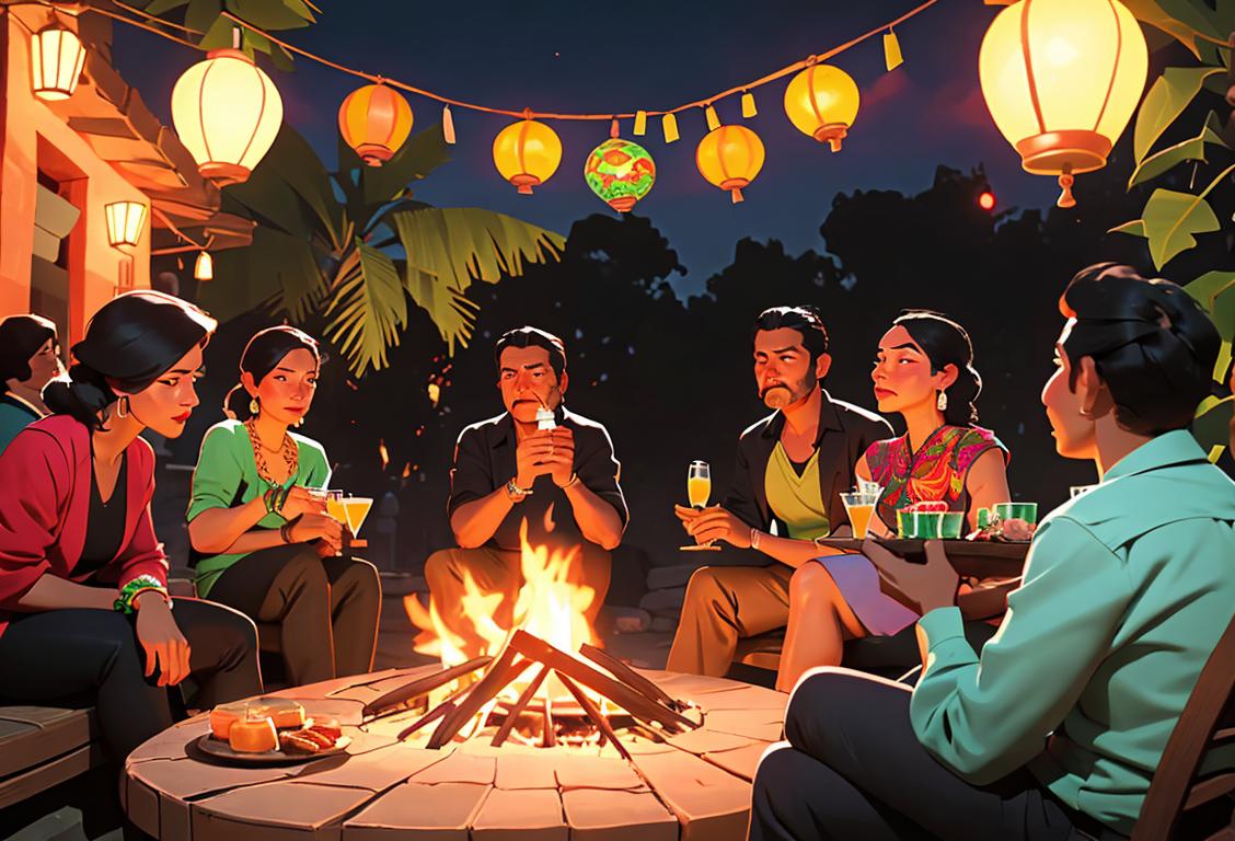 Group of friends gathered around a bonfire, enjoying mezcal cocktails, wearing vibrant Mexican-inspired fashion, festive outdoor setting..
