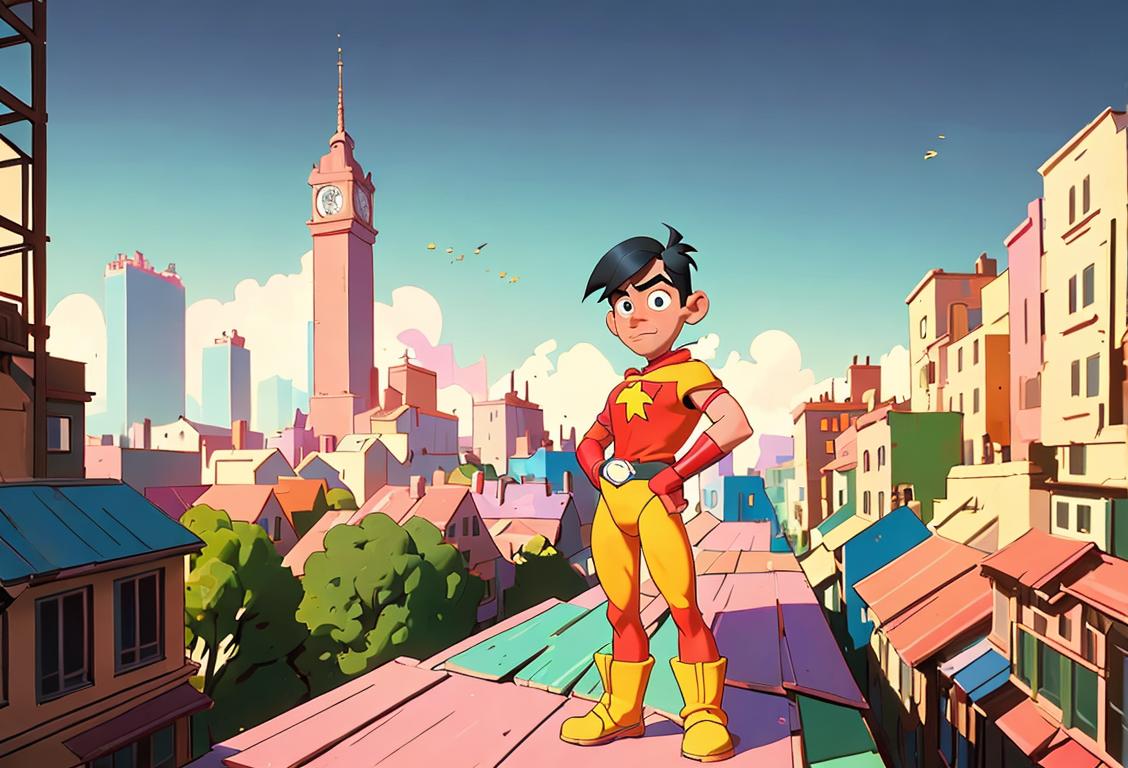 A loyal sidekick wearing a colorful costume, standing in a bustling cityscape, capturing the essence of teamwork and unsung heroism..