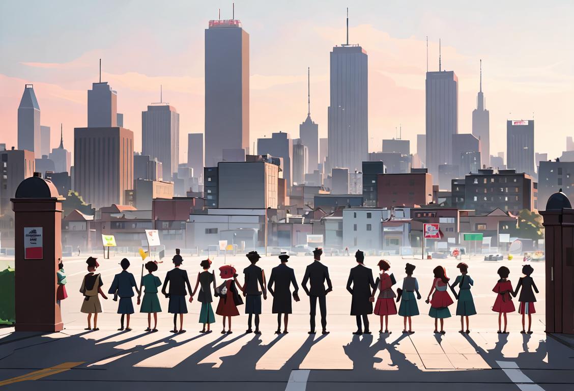 A diverse group of people standing together with picket signs, wearing casual clothes, in front of a city skyline..