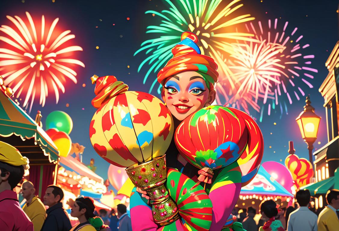 Colorful carnival scene with people in festive attire, balloons, and dazzling fireworks in a vibrant city setting..