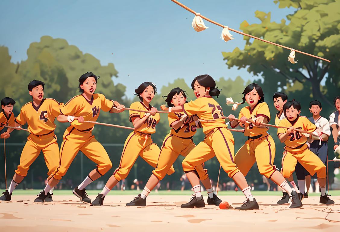 Two teams of people, both wearing casual attire, fiercely tugging on a rope in a park surrounded by cheering spectators..