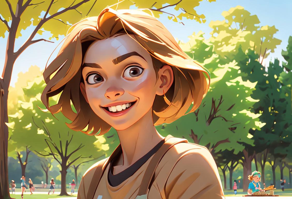 Young woman enjoying a crunchy granola bar, wearing a sporty outfit, outdoor park setting, surrounded by trees and smiling..