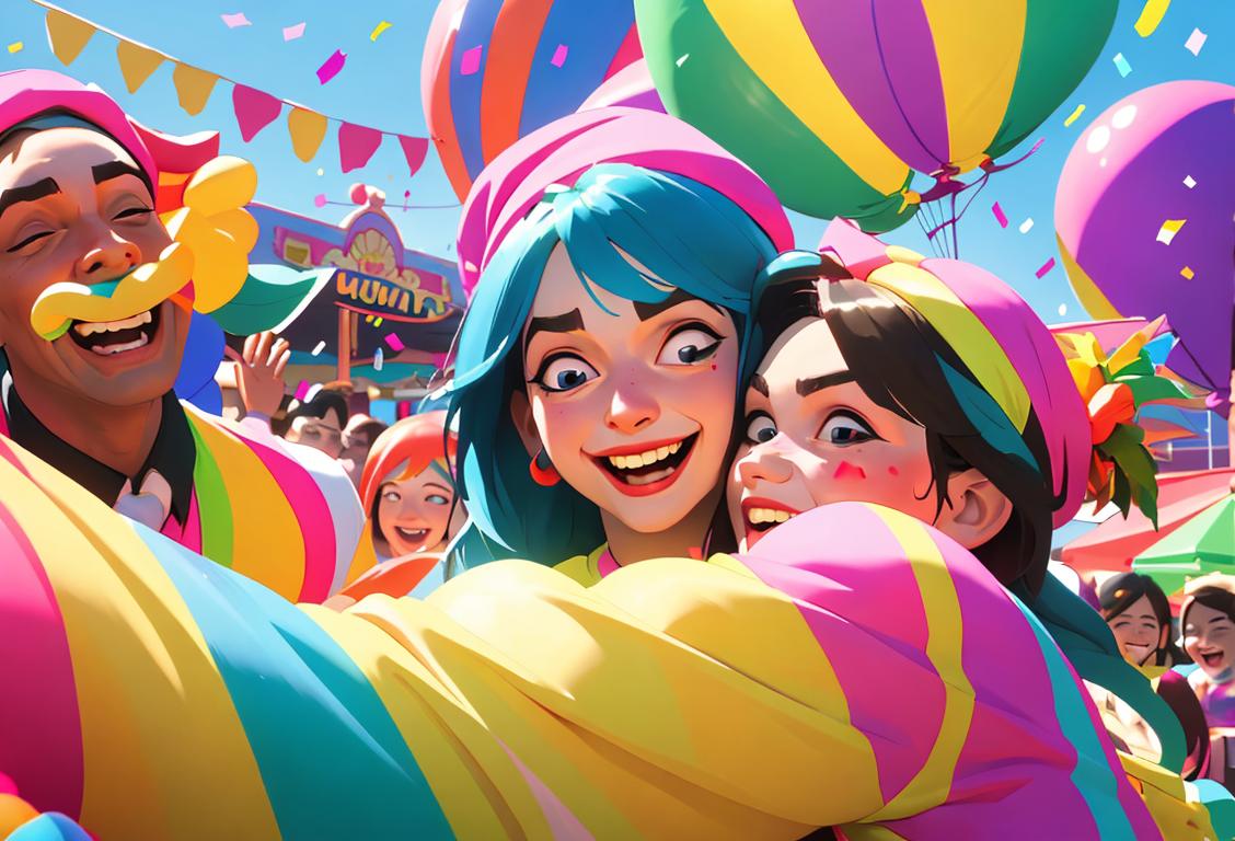 Happy group of friends dancing and laughing at a colorful outdoor carnival, wearing vibrant costumes, festive hats, surrounded by confetti and balloons..