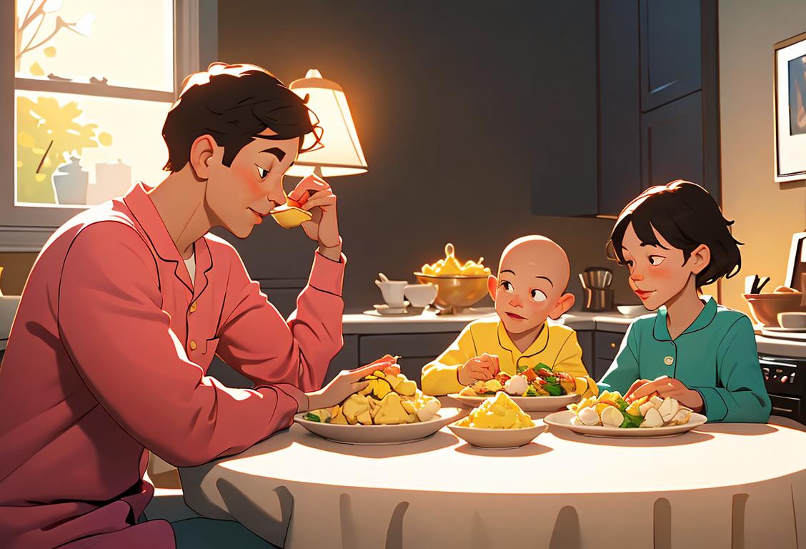 A young family enjoying a wholesome dinner with scrambled eggs, wearing cozy pajamas, in a homey kitchen with warm lighting and colorful table settings..