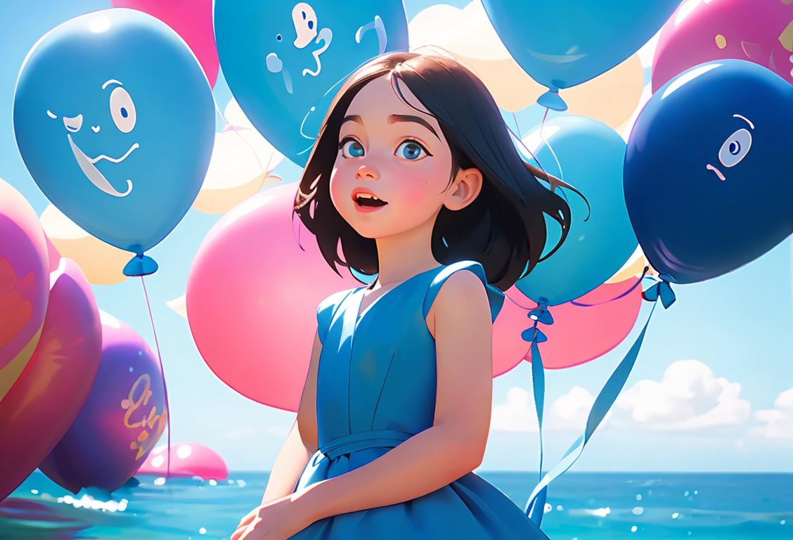 Joyful child wearing a flowing blue dress, surrounded by a sea of blue balloons and a sunny park backdrop..