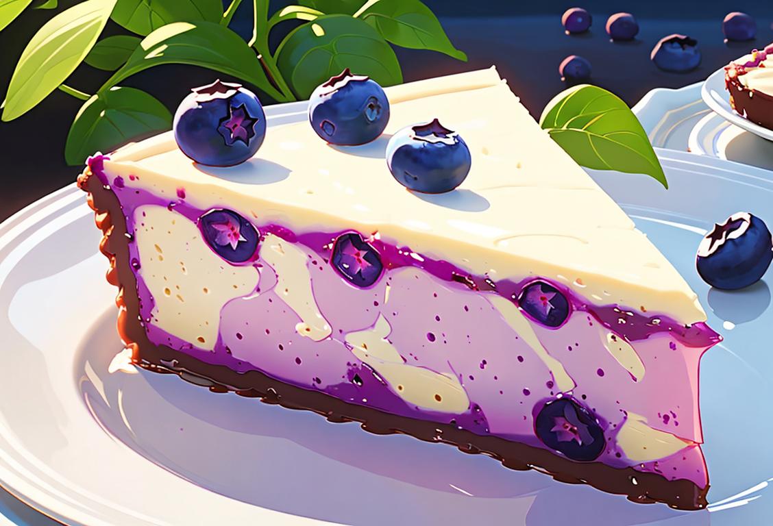Young woman delicately placing blueberries atop a creamy, dreamy slice of cheesecake with a picturesque backdrop of a summer garden..