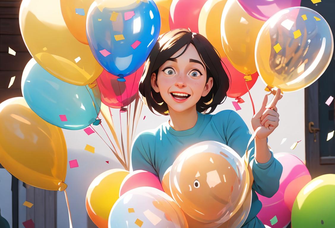 A joyful individual enthusiastically popping bubble wrap, dressed in casual clothes, surrounded by balloons and confetti..