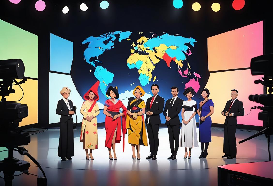 A diverse group of people surrounded by television production equipment, each wearing unique stylish outfits representative of various countries and cultures..