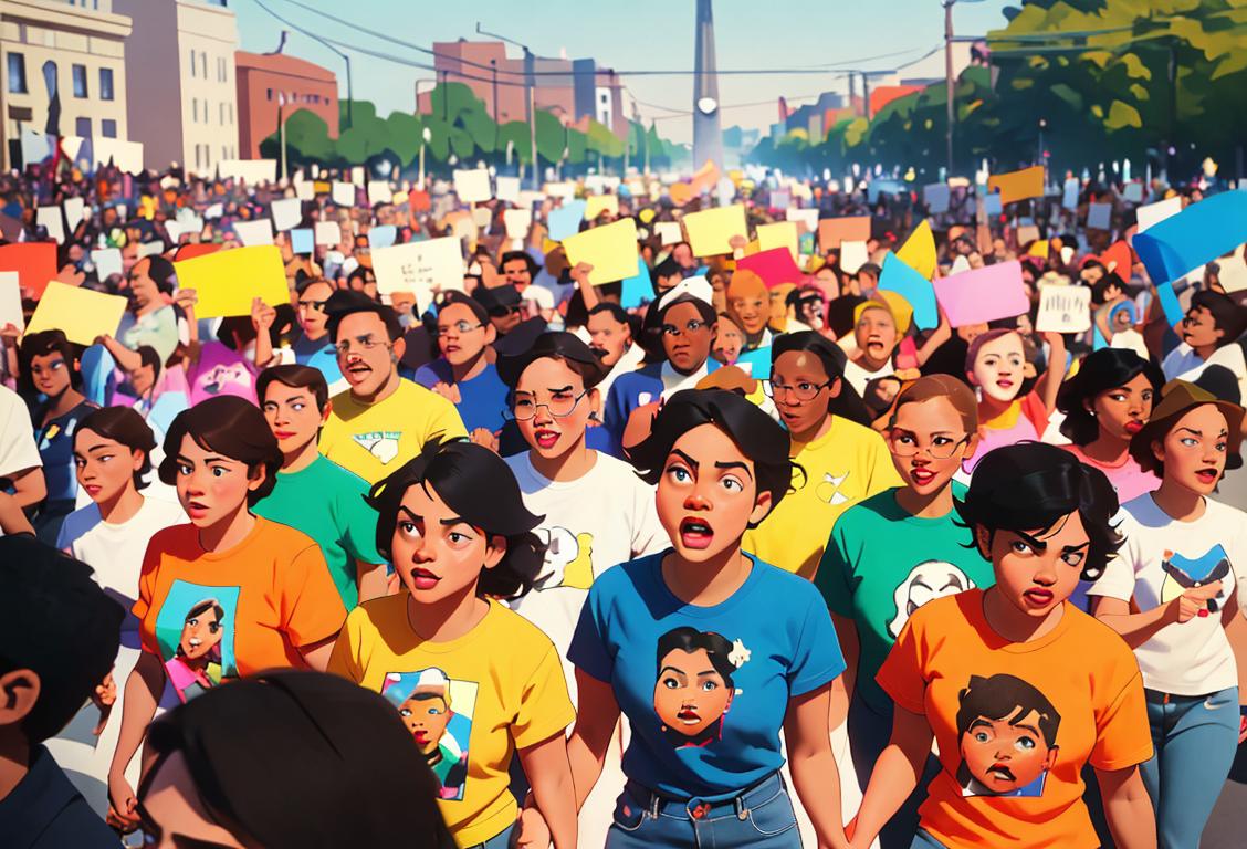 A diverse group of people, wearing colorful t-shirts, holding hands and marching together in support of Martin Luther King Jr.'s message of equality and justice..