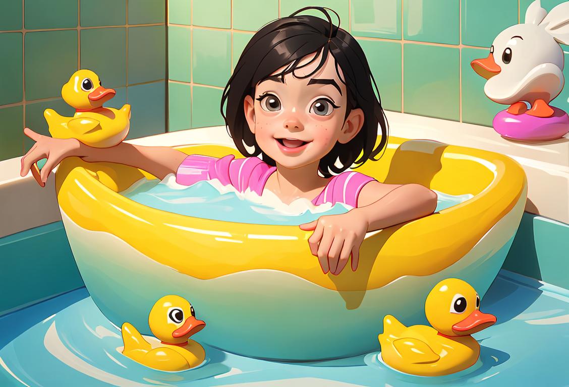 A cheerful child playing in a bathtub with multiple rubber duckies, wearing a striped bathing suit, surrounded by colorful bath toys..
