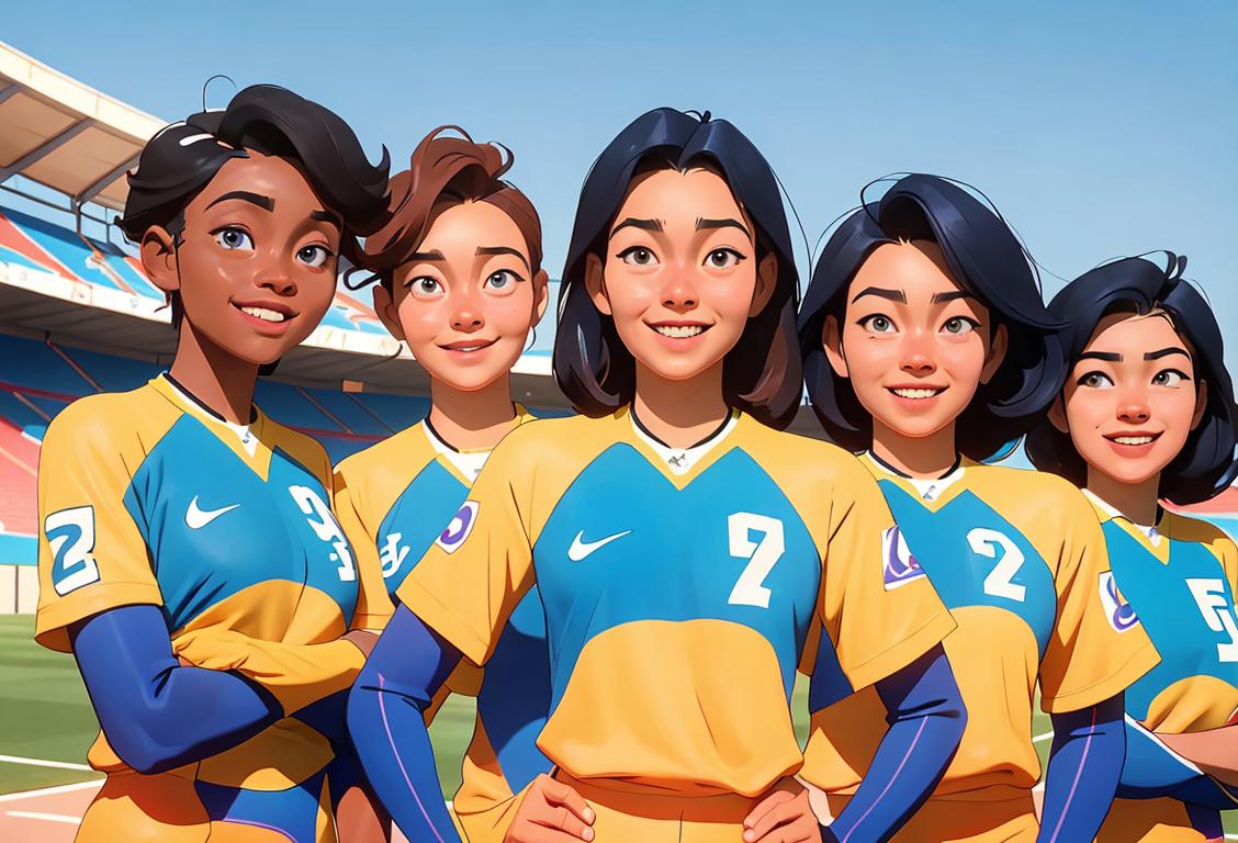 A diverse group of smiling teammates wearing their team jerseys, styled hair, against a vibrant stadium backdrop..