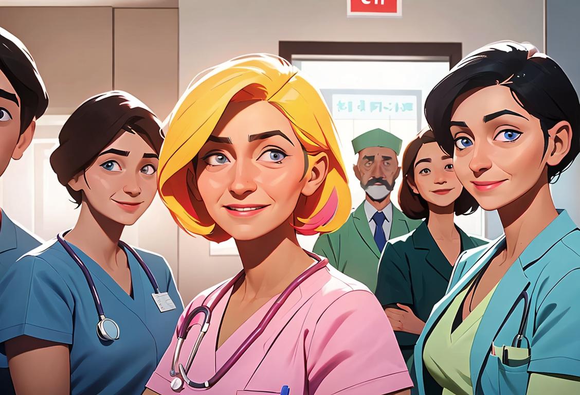 Group of people, including doctors and nurses, with grateful expressions and colorful thank you signs, a hospital setting in the background..