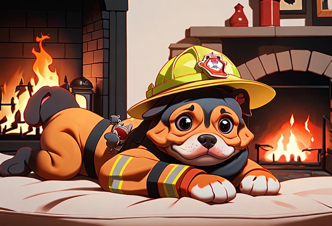 A cute dog in a firefighter hat, surrounded by fire safety equipment, with a family in the background dressed casually in a cozy living room..