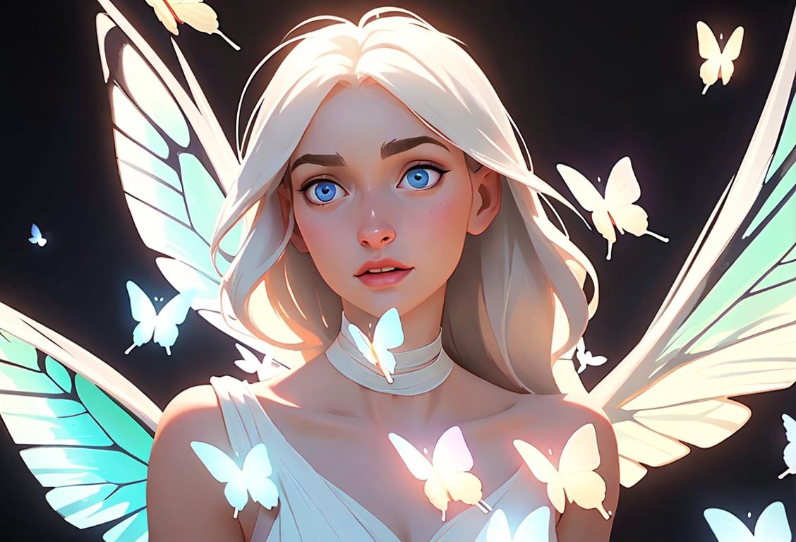 A compassionate person in an ethereal white dress, surrounded by vibrant butterflies and a glowing halo..