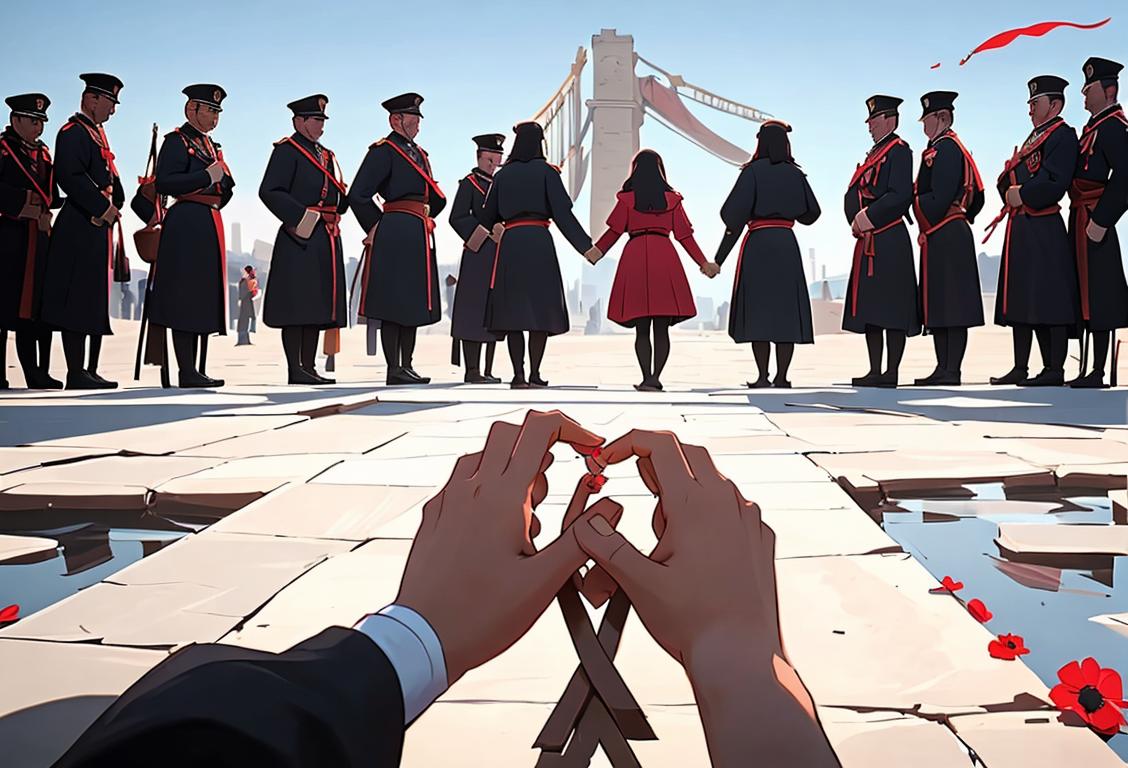 A diverse group of people holding hands, with a backdrop of world landmarks, symbolizing unity, empathy, and remembrance on National Genocide Day..