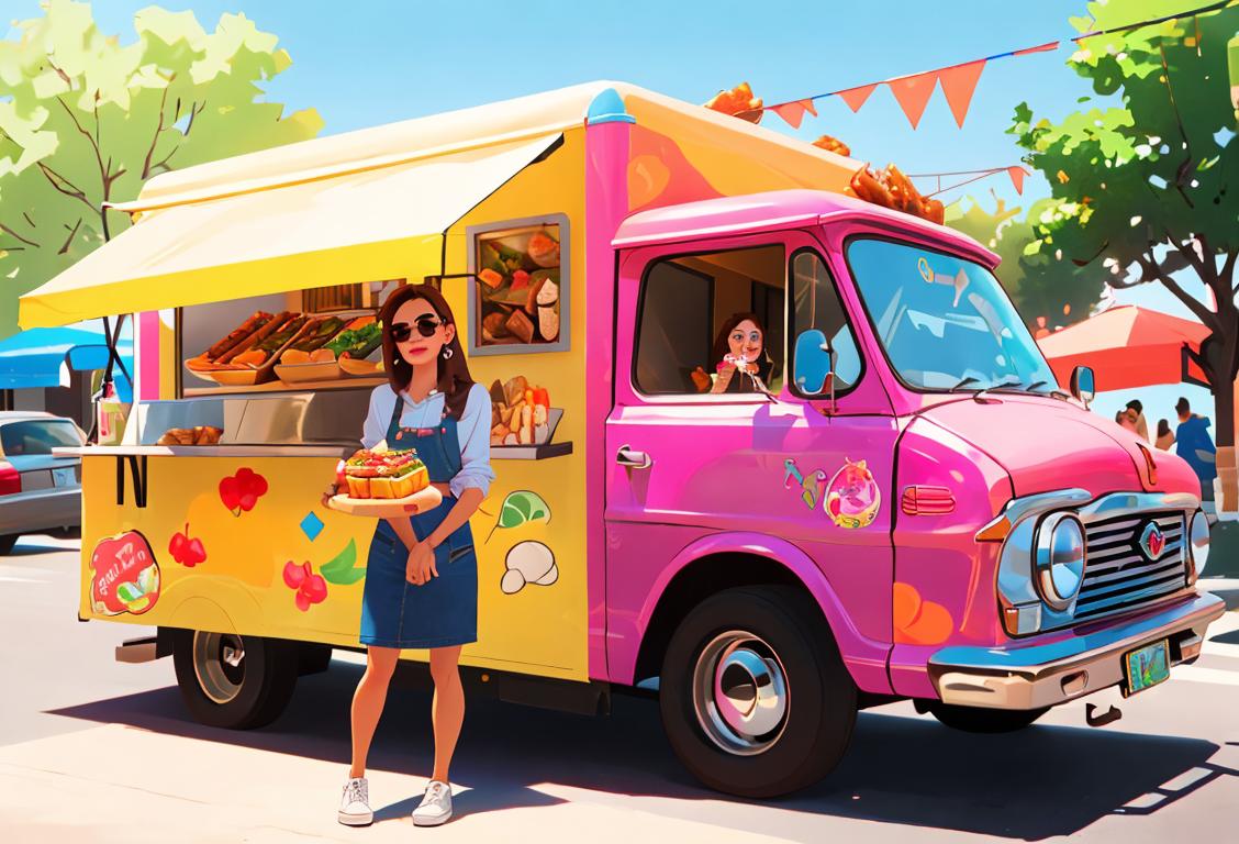 Young woman enjoying a food truck meal, wearing sunglasses and a trendy outfit, urban street scene with colorful food trucks.