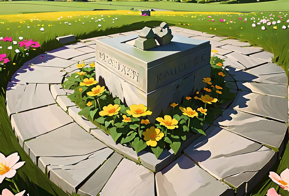 A serene field with a memorial stone depicting a heart, surrounded by blooming flowers. People dressed in traditional Irish clothing visiting and paying their respects..