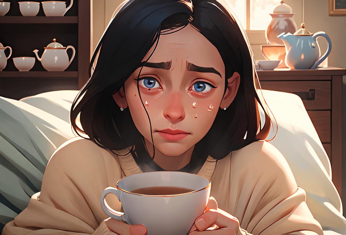 A person with tears streaming down their face, wearing a cozy sweater, comforting scene with a cup of tea and a blanket..
