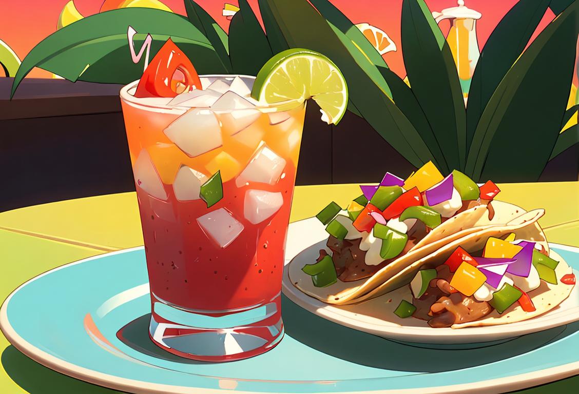 Close-up of a refreshing vodka cocktail served with a garnish of lime, paired with a plate of mouthwatering tacos topped with colorful salsa, against a vibrant fiesta-themed backdrop..