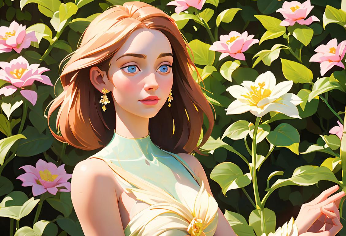 A radiant young maiden surrounded by flowers, wearing a flowing dress, Renaissance-inspired fashion, enchanting garden setting..