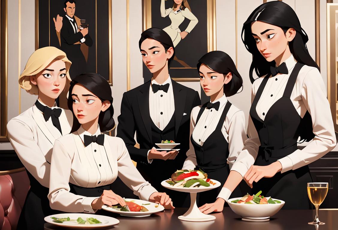 A group of waiters and waitresses in classy attire, gracefully serving a variety of dishes in a busy, elegant restaurant setting..