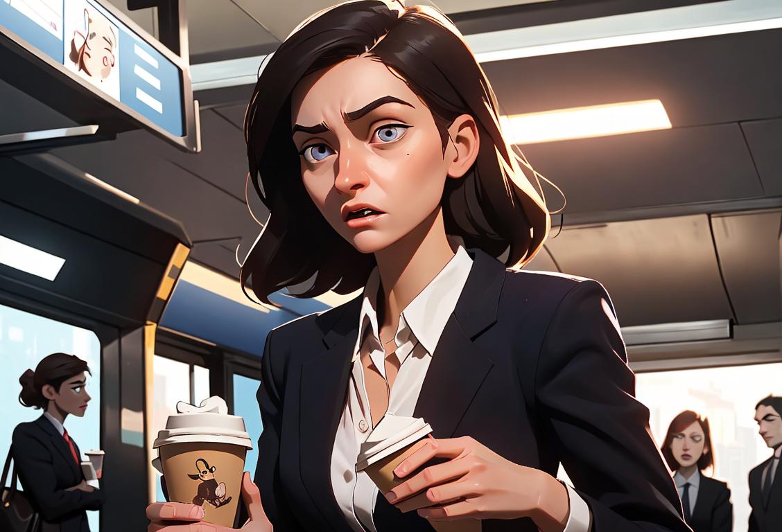 Young woman wearing a business suit, holding a coffee cup, in a crowded metro station, with frustrated expressions on the faces of commuters around her..