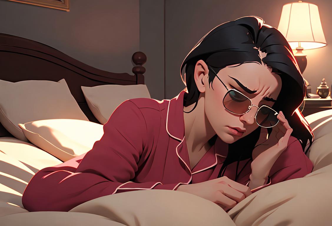 Person holding their head in pain, wearing sunglasses, cozy pajamas, dimly lit bedroom..