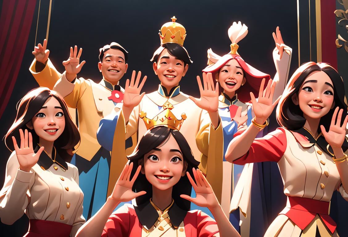 A group of people, each wearing a different style of crown, enthusiastically waving their hands with big smiles on their faces, representing the global celebration of Pabebe Wave Day..