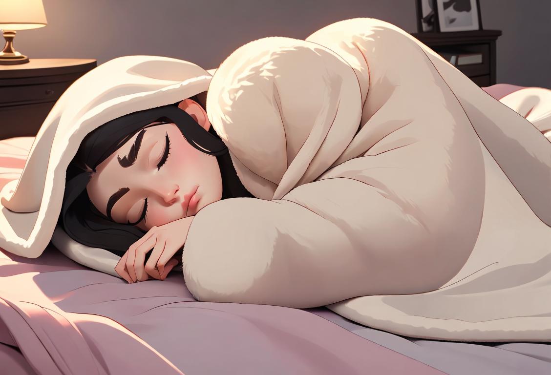 A person peacefully sleeping in a cozy bed, surrounded by fluffy pillows and a warm blanket. The room has a calming, serene atmosphere..